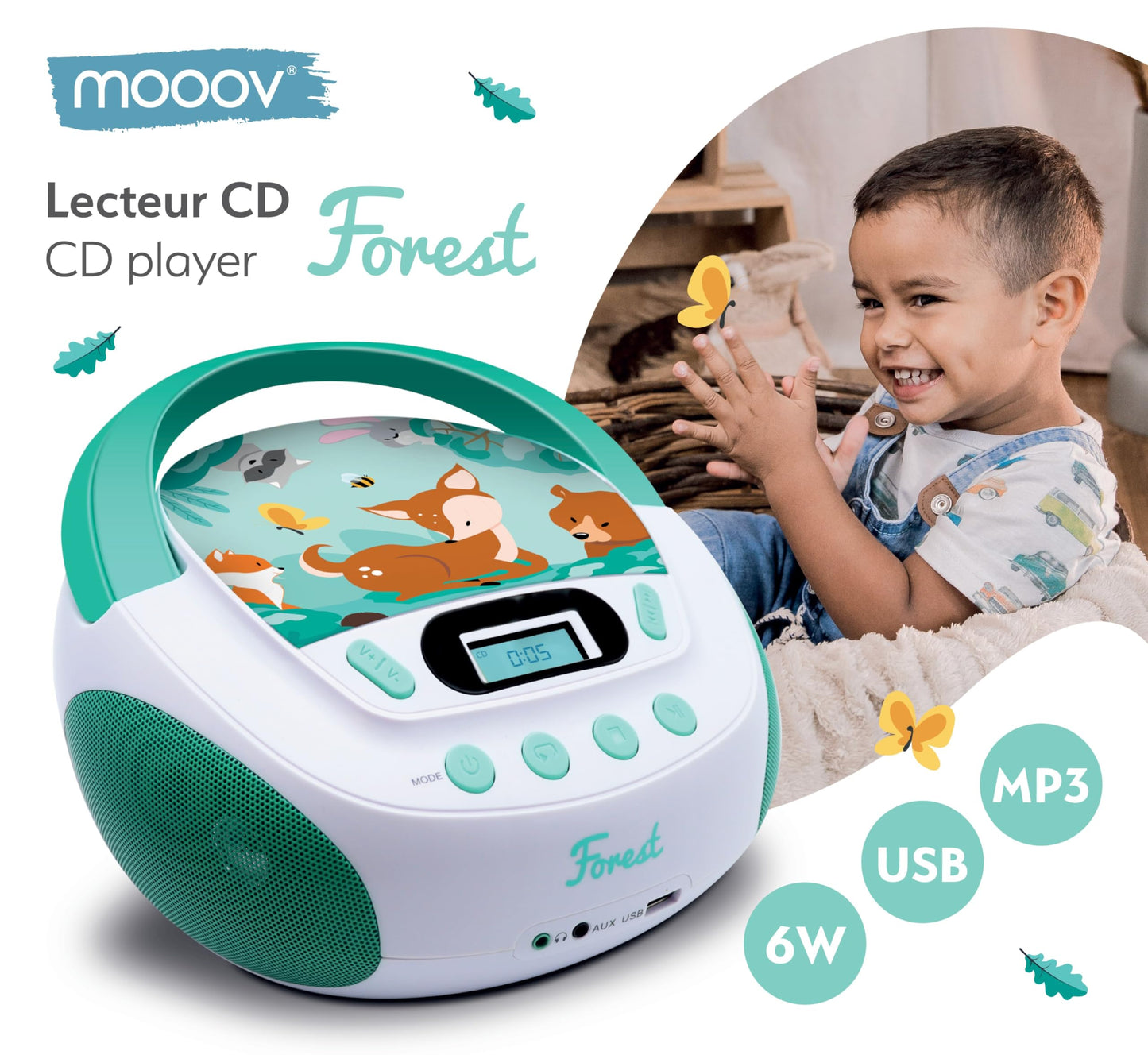 mooov 477147 CD player for kids with speakers, USB, headphone jack, AUX-IN port - Boombox CD player portable - AC or battery powered - Forest model - Green/White