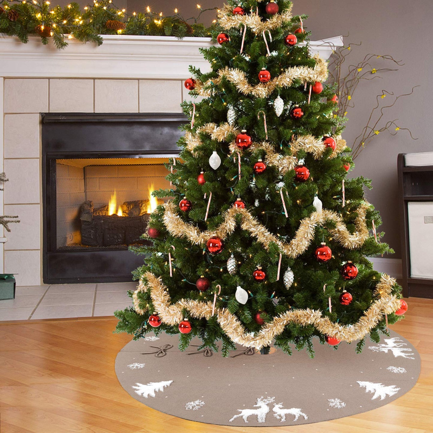 LOMOHOO Christmas Tree Skirt 48 inches knitted 3D Elk Christmas Tree Skirt, Rustic red tree skirt for Christmas decoration, for indoor and outdoor use (Beige, 48 inches)