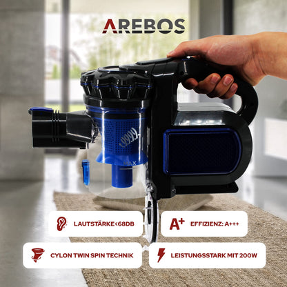Arebos cordless handheld vacuum | 2-in-1 hand and floor vacuum | 2 powerful suction modes | Bagless | Up to 55 minutes cordless | with wall charging station | Blue