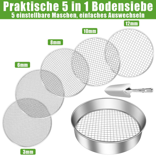 Jazlyvex 30 cm garden sieve with 5 interchangeable, stainless steel compost sieves for sifting soil, compost, and sand, includes a garden shovel.