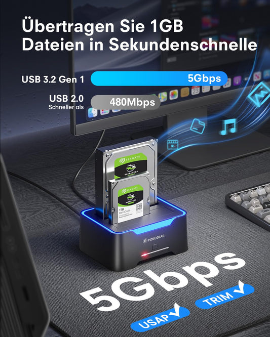 POSUGEAR Hard Drive Docking Station, RGB USB 3.0 Hard Drive Enclosure for 2.5 and 3.5 Inch SATA HDD/SSD, 2 x 20TB Dual Bay HDD Docking Station with Offline Clone Support tool-free and UASP.