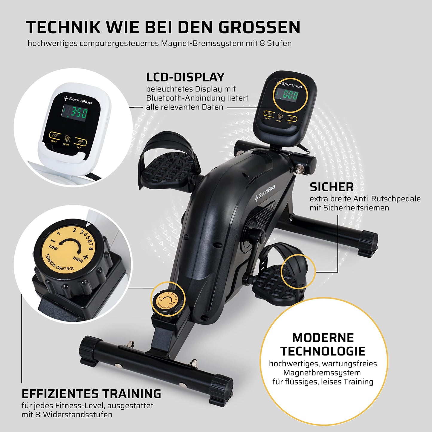 SportPlus leg trainer for home & office, mini home trainer with magnetic brake & 8 resistance levels, with training computer, extra wide pedals, app compatible | exercise bike | mini bike