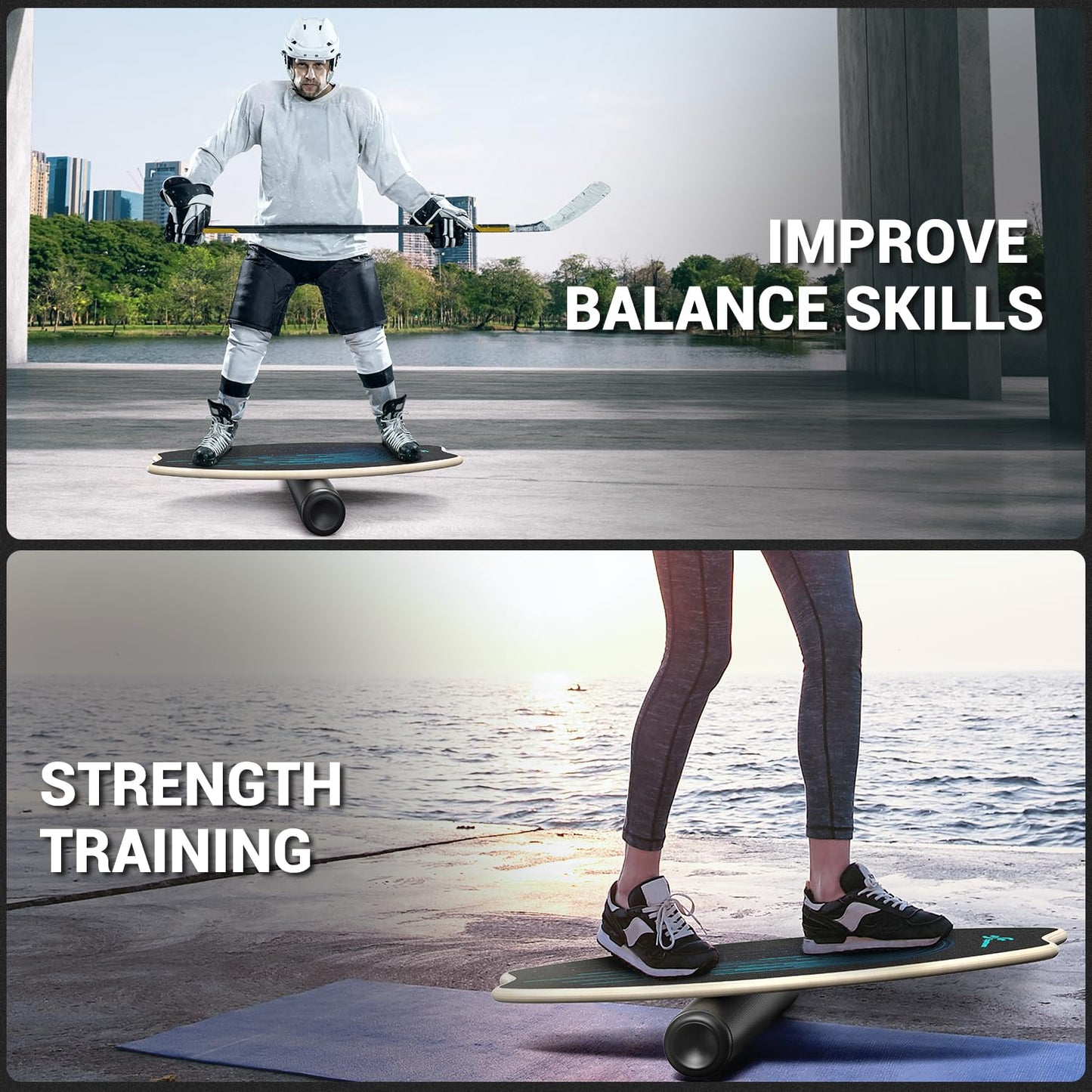 Wooden Balance Board, Sportneer Indoor Board Skateboard, Indoor Surfboard Trickboard, and Balance Board for kids and adults.