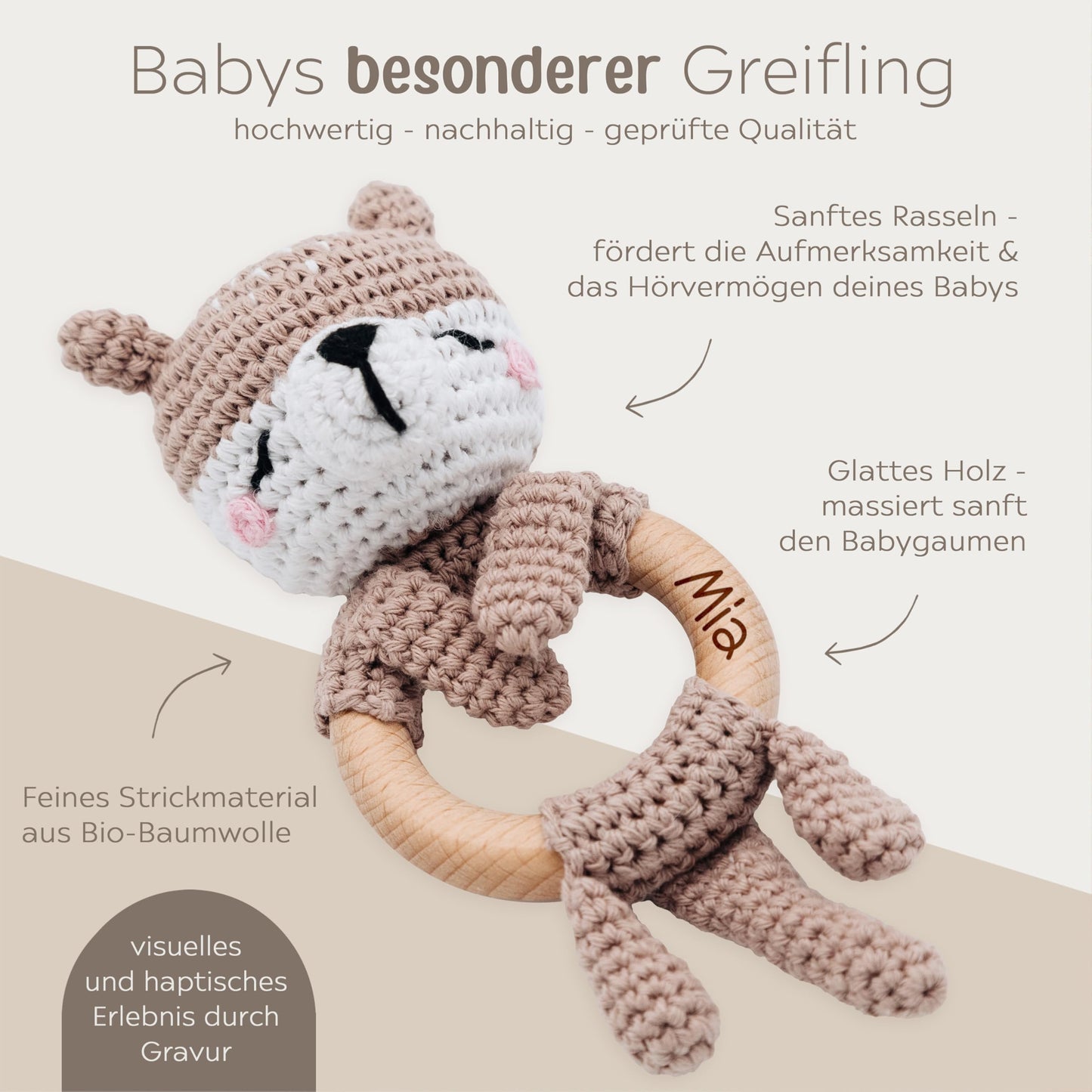 miracle wish® - Personalized Teething Toy for Baby - Cute Grasping Toy for Babies from 0 months - Baby rattle with name as a baby gift for girls and boys (Otter, no name)