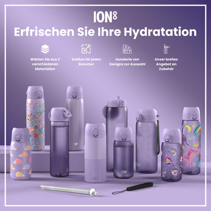 ion8  Lightweight Steel Water Bottle 600ml Non-Insulated Leakproof One-Hand Opening Secure Lock Dishwasher Safe Flip Lid Carrying Handle Easy to Clean, Lilac Unicorn
