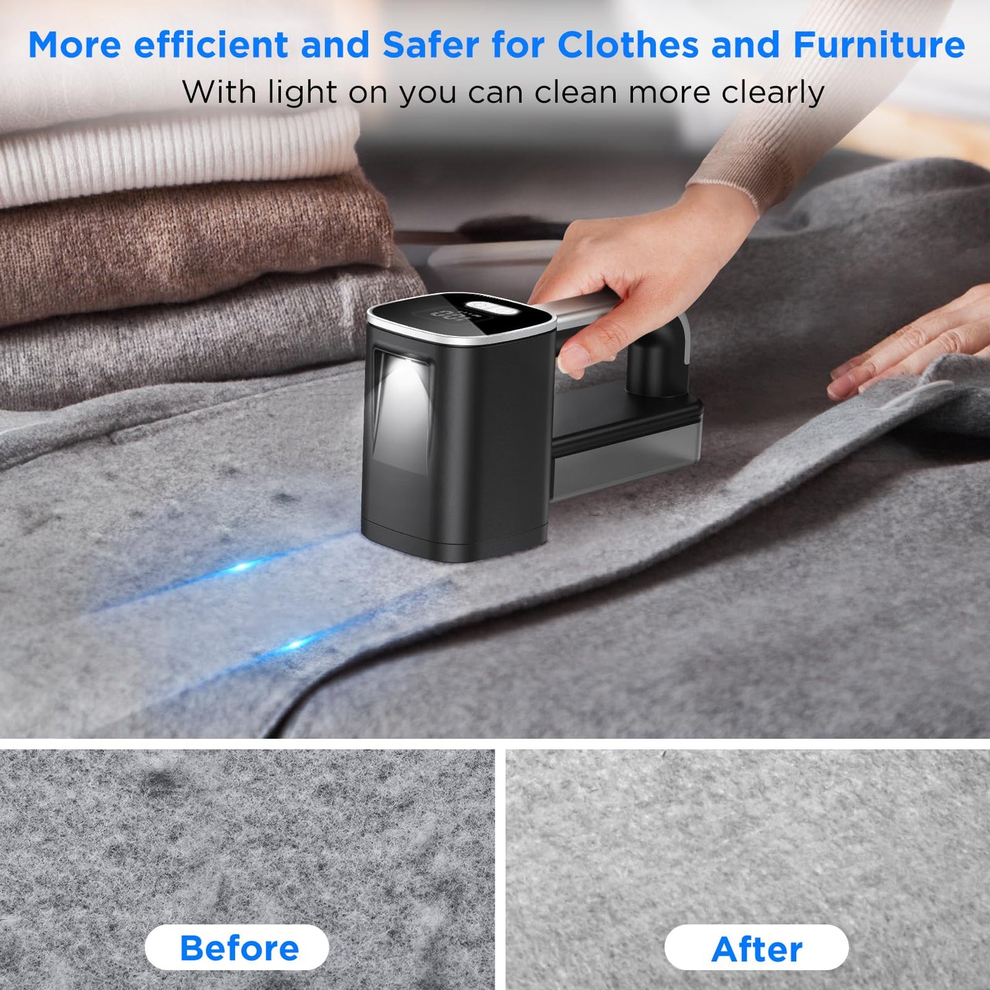 Electric Fabric Shaver, Lint Remover with 3 Adjustable Power Levels, 6-Blade Head, Type-C Rechargeable Defuzzer for Various Fabrics, LED Display and Light, Hairball Storage Container