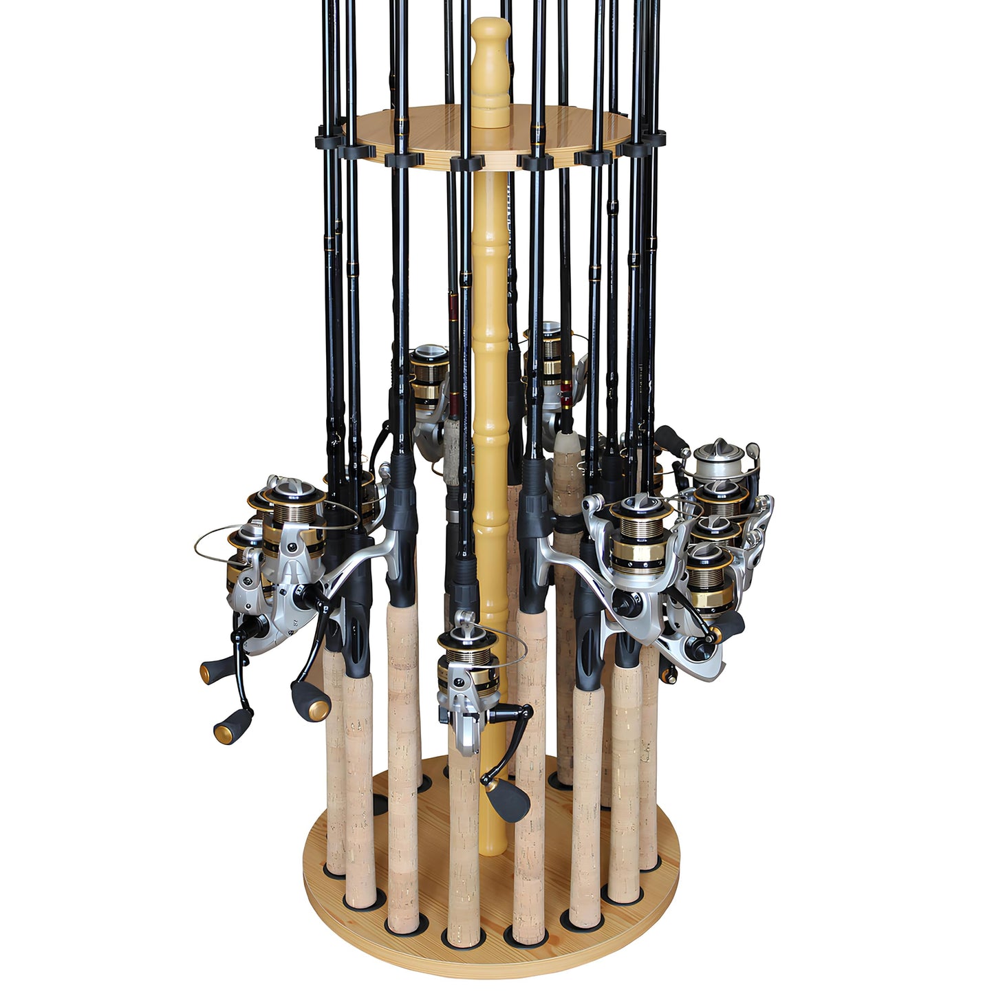 Rush Creek Creations fishing rod holder for garage, fishing rod rack, floor stand for up to 16 rods, fishing gear, storage organizer, fishing gifts for men, 24 rods, light wood