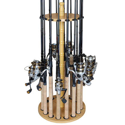 Rush Creek Creations fishing rod holder for garage, fishing rod rack, floor stand for up to 16 rods, fishing gear, storage organizer, fishing gifts for men, 24 rods, light wood