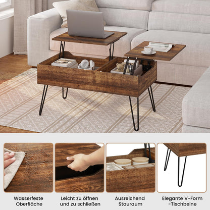 WOLTU coffee table, height-adjustable living room table, extending, retractable coffee table, separate hidden storage compartment, double lifting plate, vintage brown sofa table, wood composite, metal.