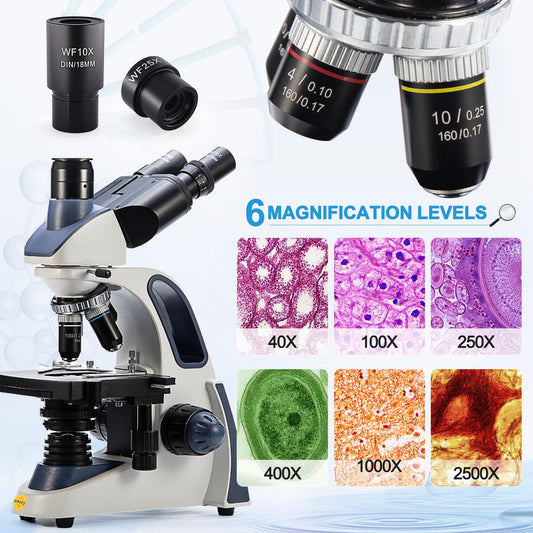 SWIFT Trinocular Microscope SW380T, 40x to 2500x magnification, Siedentopf head, dual-layer mechanical stage, with 5.0MP camera and software, and 100 blank slides