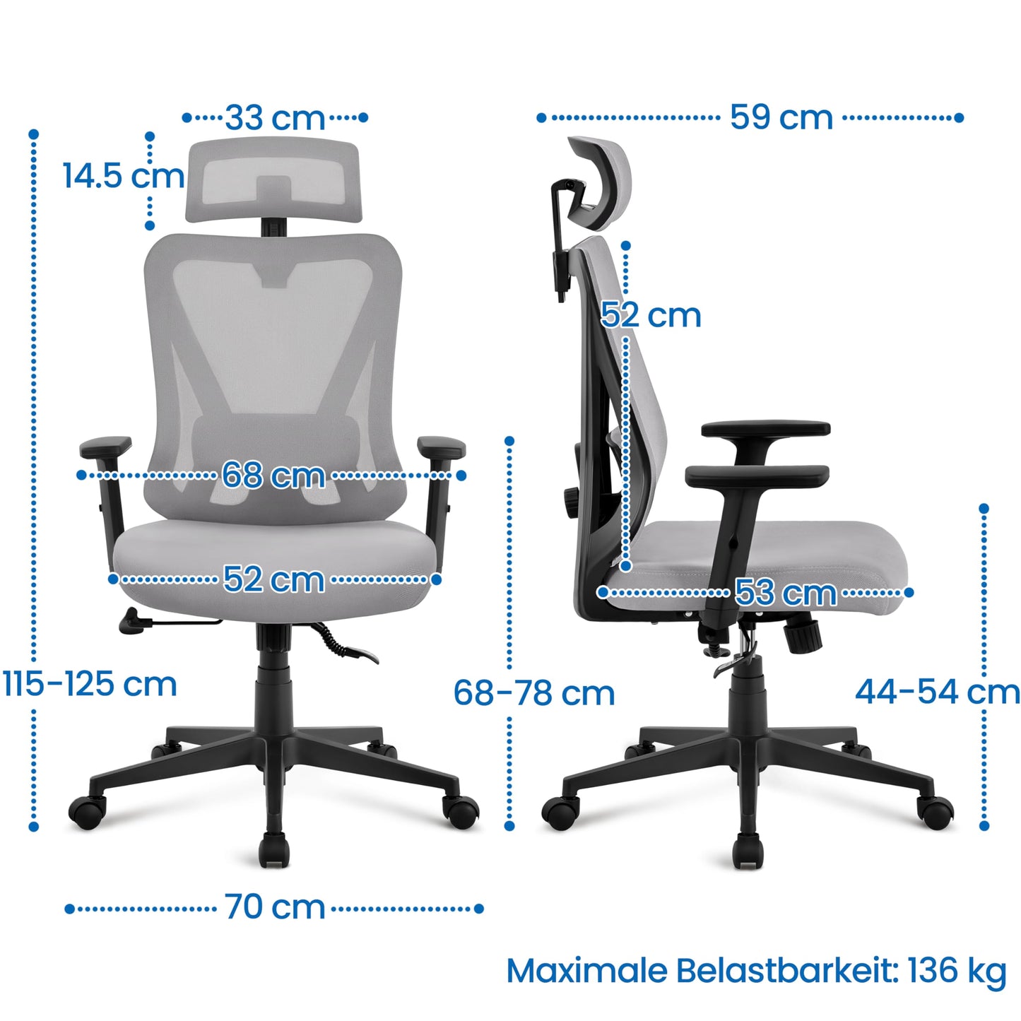 Yaheetech Office Chair Ergonomic, Desk Chair with Adjustable Headrest, Armrests, Lumbar Support, Lockable Height-adjustable Swivel Chair with 90°-130° Reclining Function Light Gray