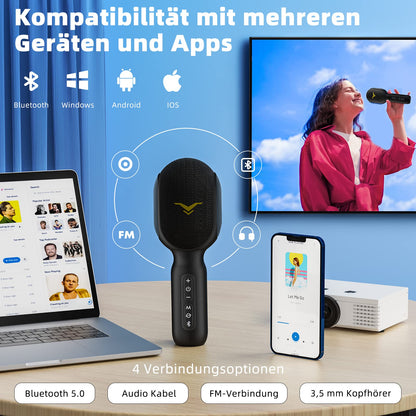 Karaoke microphone, LED wireless Bluetooth microphone, portable karaoke set for kids & adults with music recording, accompaniment mode, home KTV device, compatible with iOS Android FM connection in the car.