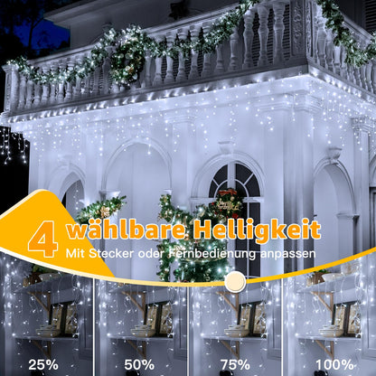 Ollny 49ft Outdoor Icicle Lights, 600 LED white Outdoor String Lights with Remote, 8 Lighting Modes Waterproof Christmas Lights for Balcony Window House Pavilion Patio Christmas Decor