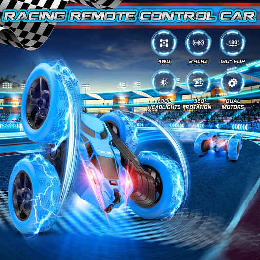 Cosone Remote Control Car, 2.4 GHz RC Cars with headlights, All-wheel Drive Off-road Stunt Car, Double-sided 360° Rotatable Car Toy, Gifts for Kids 6+ Years Old (Blue)