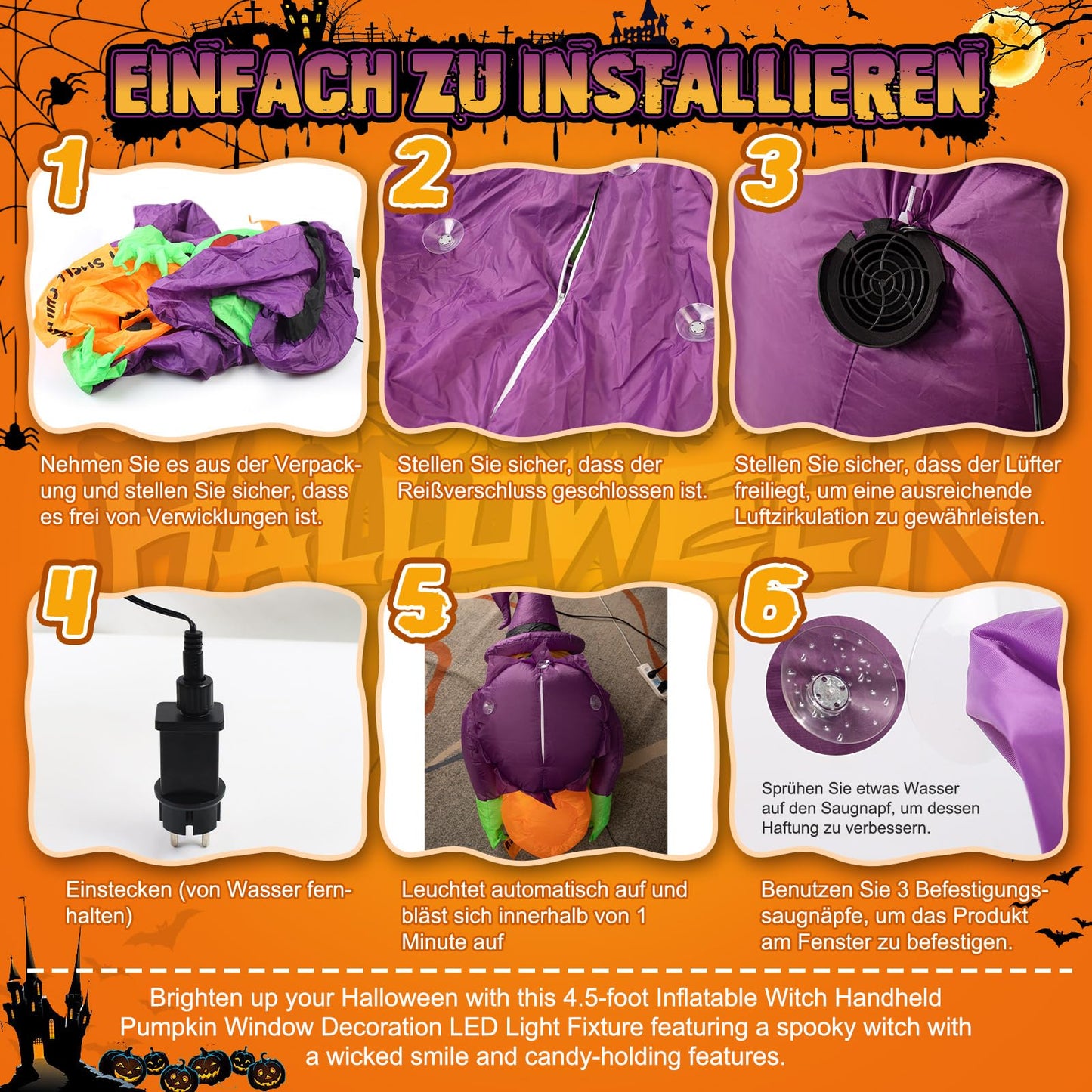4.5 Ft Halloween inflatable witch, Halloween outdoor window decoration, ghost witches with pumpkin candy jar, built-in LED lights, Halloween inflatable Halloween decoration Garden, outdoor, party.