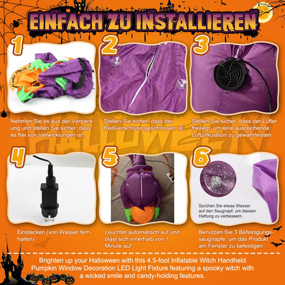 4.5 Ft Halloween inflatable witch, Halloween outdoor window decoration, ghost witches with pumpkin candy jar, built-in LED lights, Halloween inflatable Halloween decoration Garden, outdoor, party.