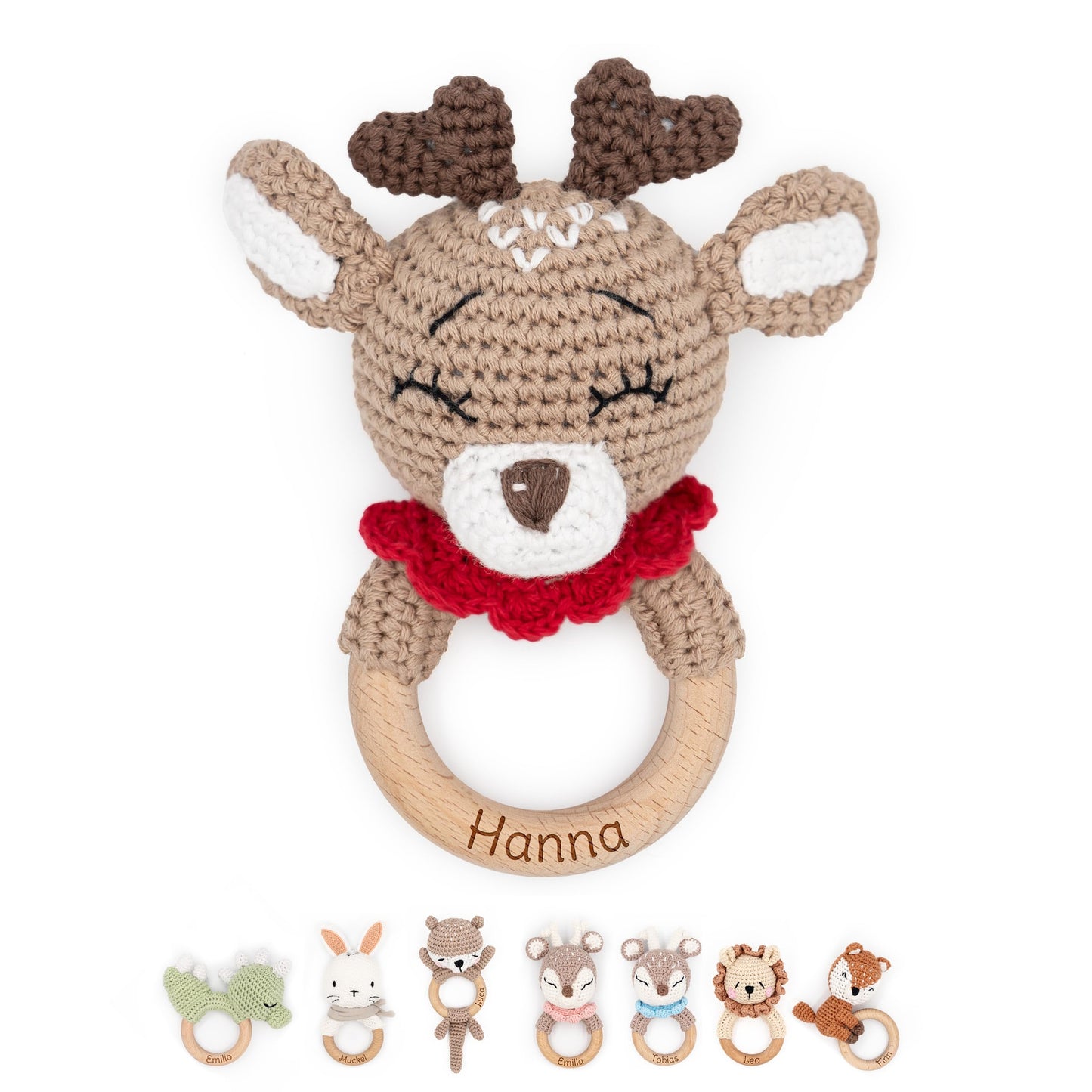 Muckelmeister grasping toy personalized with name - Wooden teething ring baby crocheted animals - Baby rattle - Baby gifts for birth for girls/boys - small gifts for newborns - Reindeer
