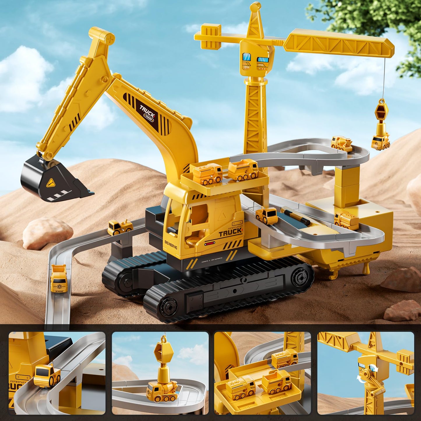 TEMI Excavator Toy for 3 4 5 6 7 8-year-old Boys, Construction Vehicle with Race Track, Crane Toy for Kids, Birthday Gift for Boys and Girls from 3 years.