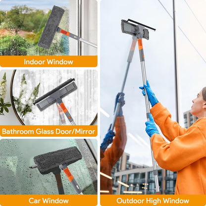 Window squeegee cleaner, 2-in-1 window cleaner cleaning set with extension pole, window washing tool with bendable head, glass cleaning tools for tall windows indoors and outdoors.