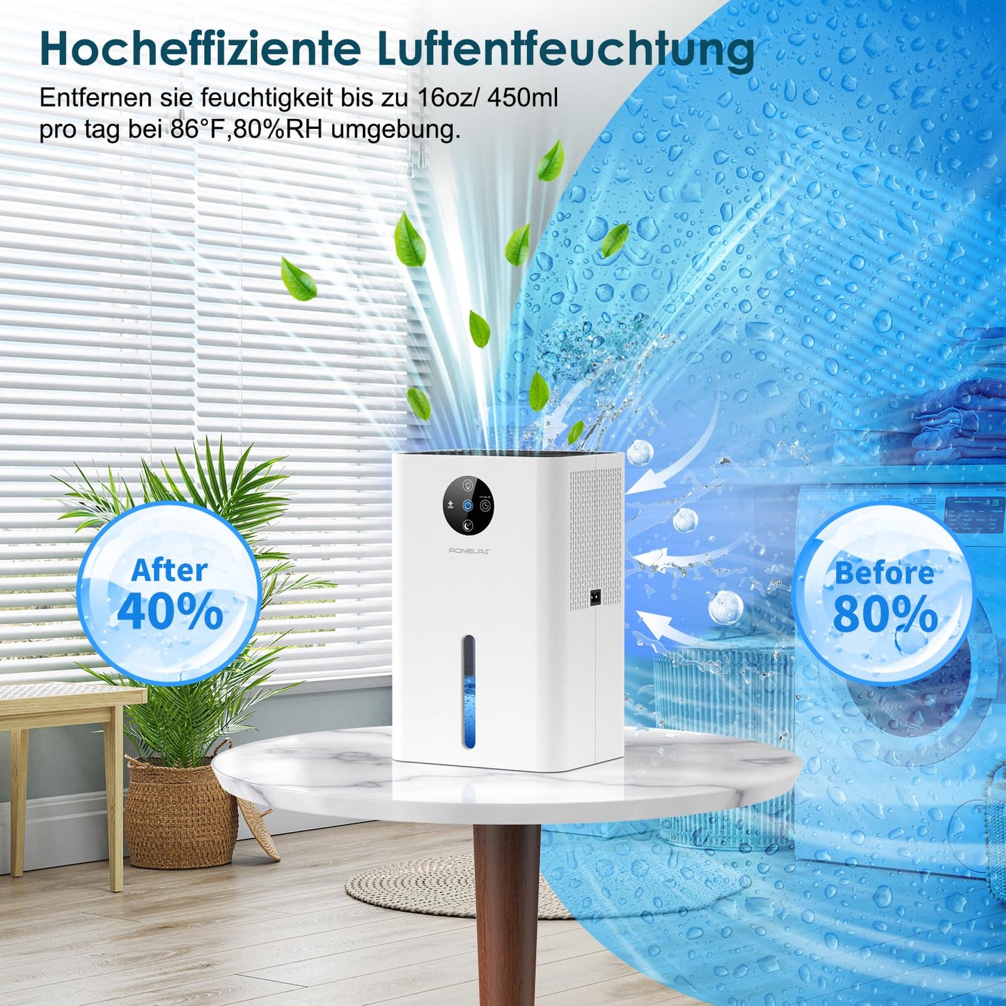 Electric Dehumidifier 1800ML, Portable Room Dehumidifier Extra quiet under 30 dB, Automatic shutdown and defrost, Dehumidifier for apartment bathroom