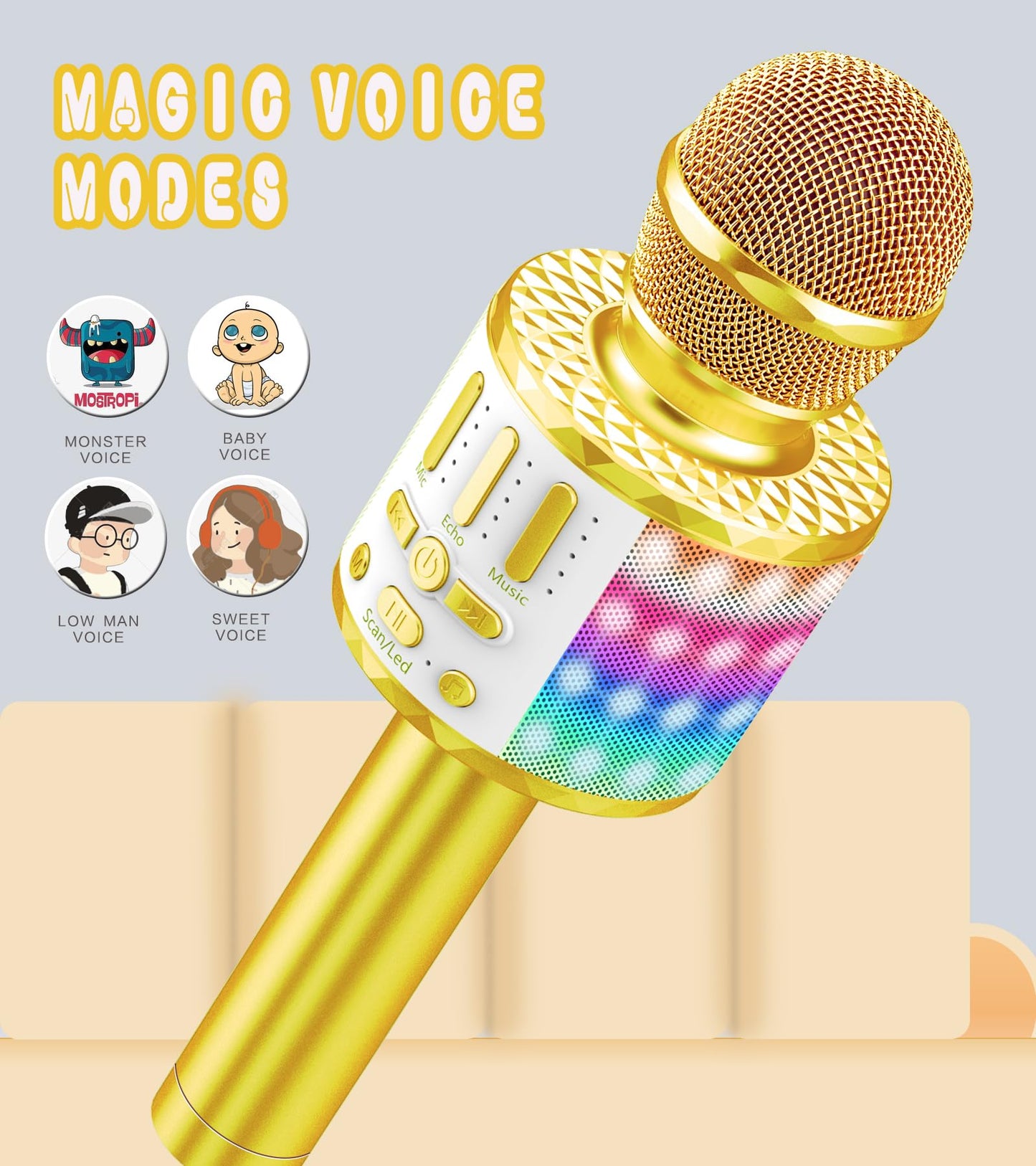 Karaoke microphone, Wireless Bluetooth kids microphone with LED lights, Portable children's karaoke machine, Handheld microphone with speaker recorder for Android/iOS/PC/Smartphone