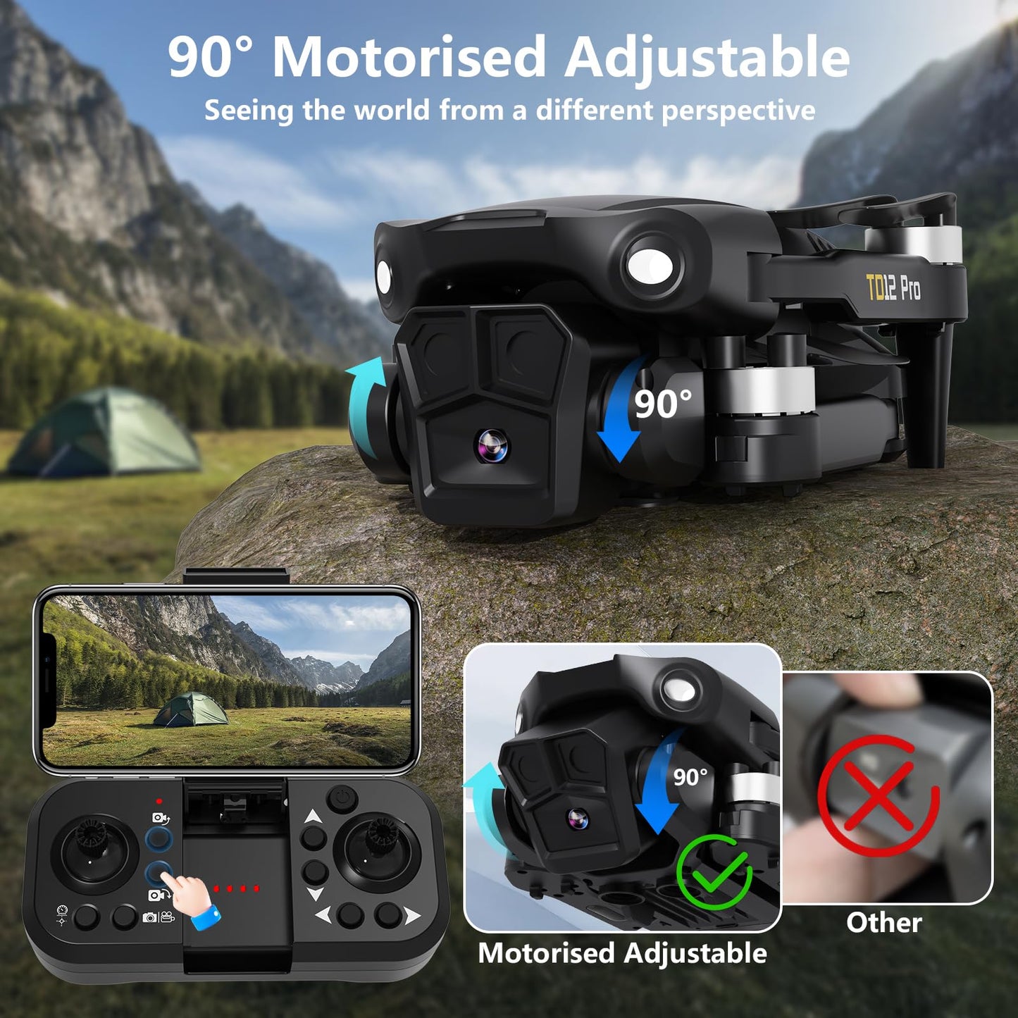 Toladrone TD12Pro drone with 1080P camera, brushless motor, altitude hold, headless mode, 2 cameras, foldable FPV quadcopter for beginners.