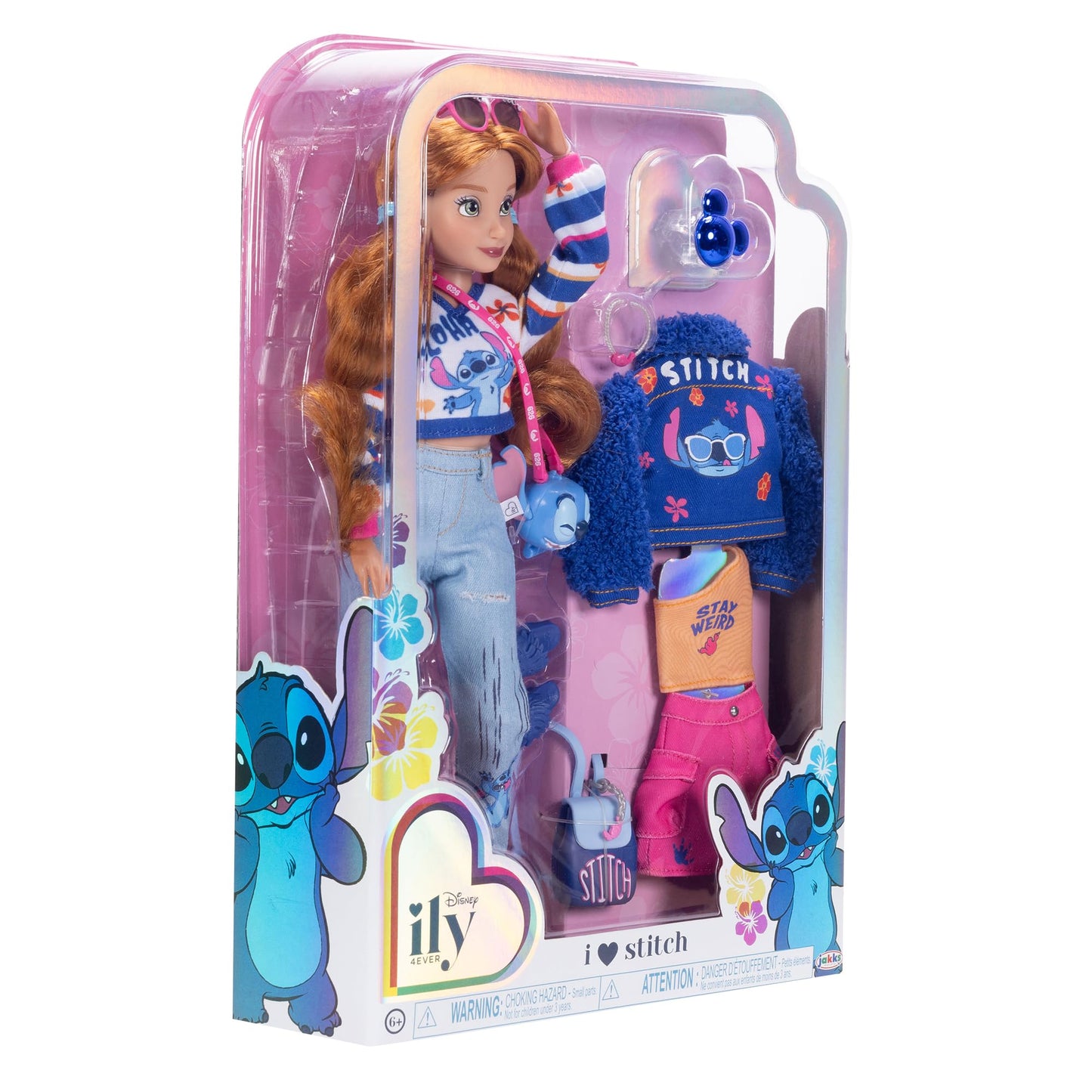 Disney ILY 4EVER Fashion Dolls feature Stitch with Red Hair. Standing at 11.5" with 13 points of articulation, they come with two complete mix-and-match outfits and a glittery Mickey ring.