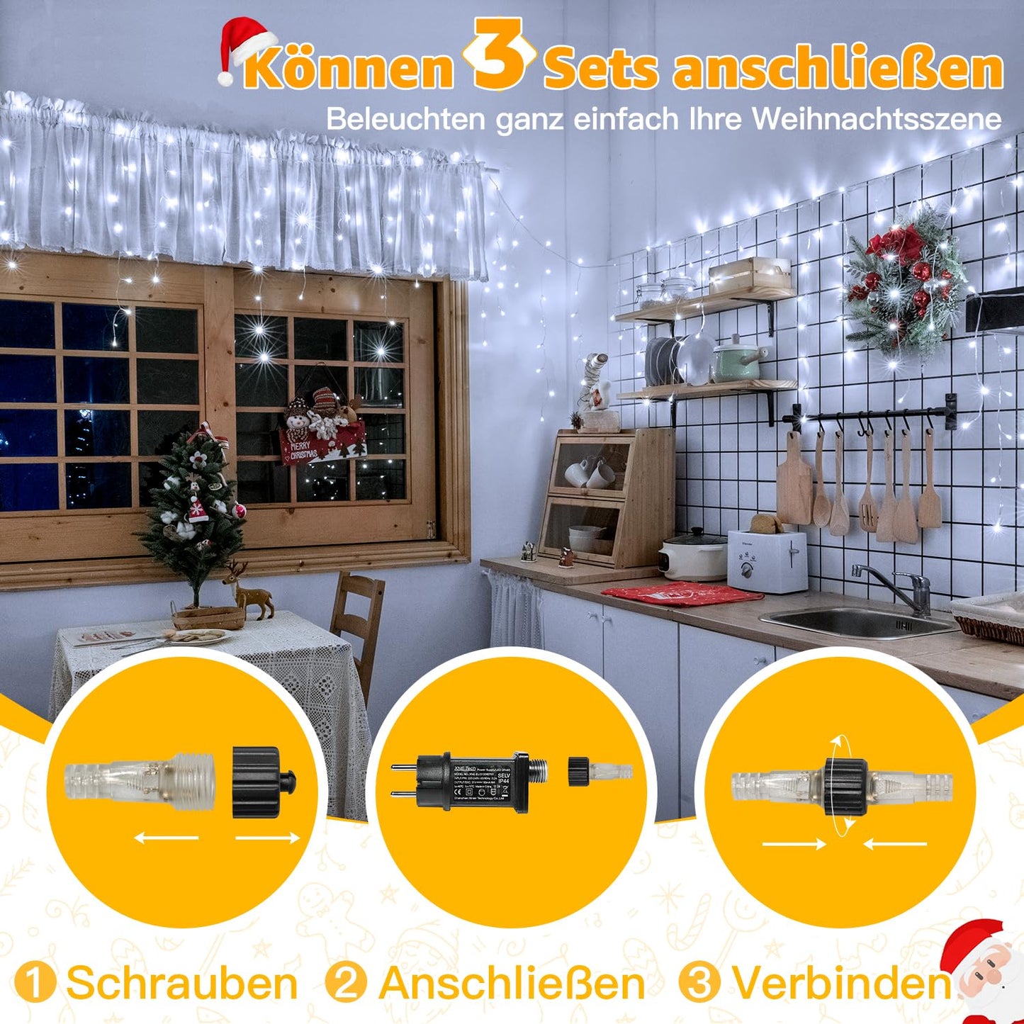 Ollny 49ft Outdoor Icicle Lights, 600 LED white Outdoor String Lights with Remote, 8 Lighting Modes Waterproof Christmas Lights for Balcony Window House Pavilion Patio Christmas Decor