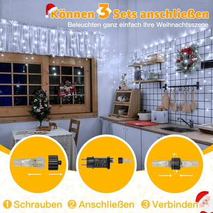 Ollny 49ft Outdoor Icicle Lights, 600 LED white Outdoor String Lights with Remote, 8 Lighting Modes Waterproof Christmas Lights for Balcony Window House Pavilion Patio Christmas Decor
