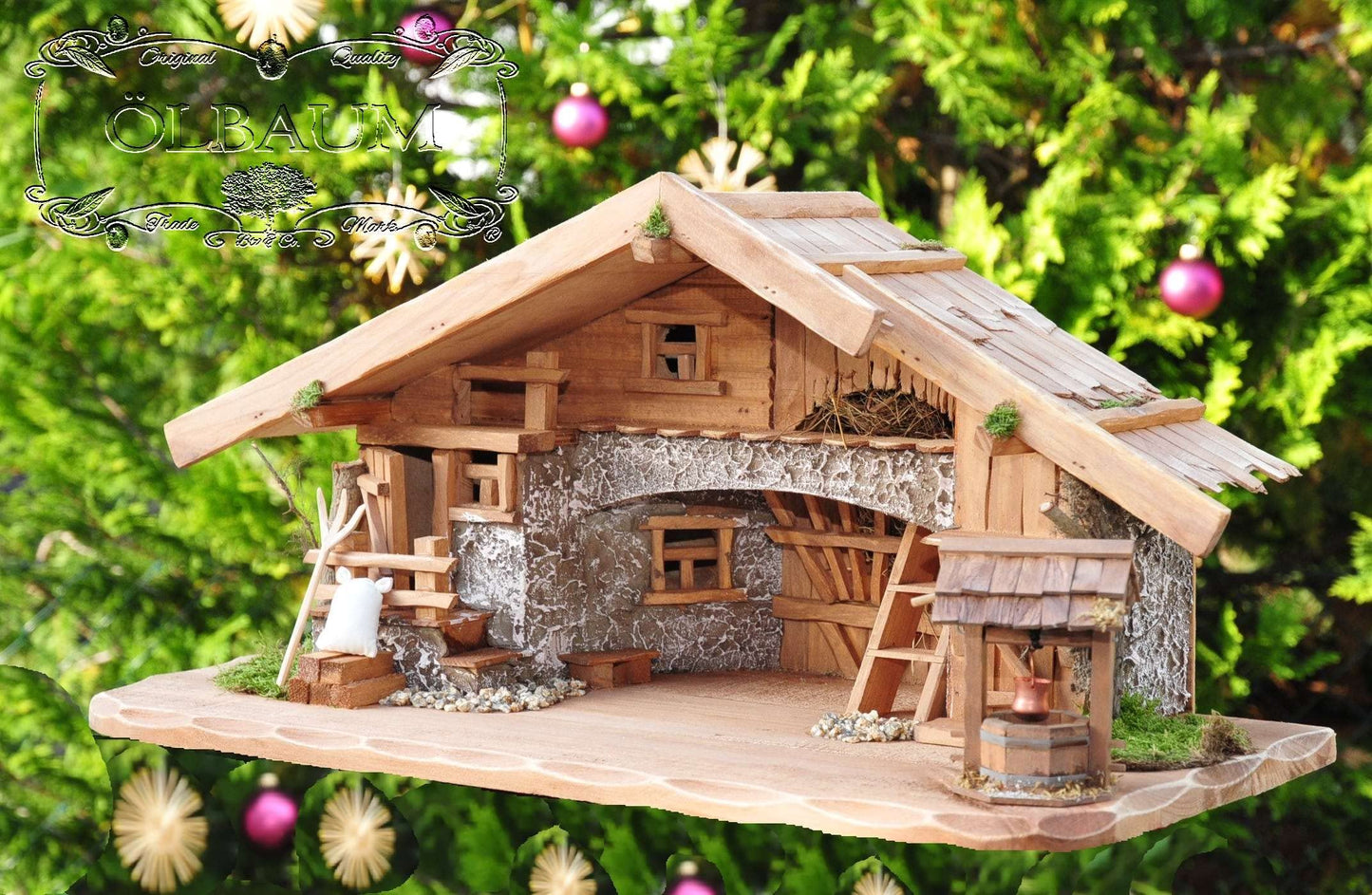 Large Christmas Nativity scene, with fountain + decorations, approx. 60 cm solid wood historically brown complete with fountain set - with 12 x PREMIUM Nativity figures + golden angel