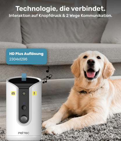 PetTec® pet camera 360° and automatic feeder with treat dispenser - via app & multi-button - bark detection - 3MP night vision function - dog camera & cat camera