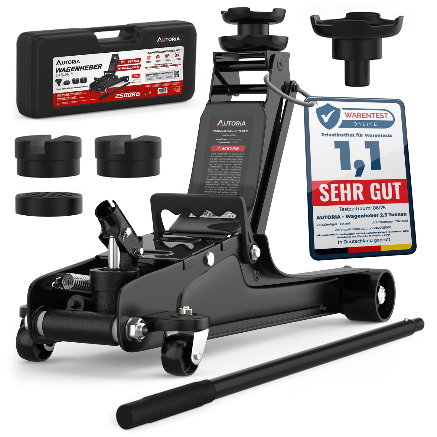 AUTORIA Jack 2.5T - Low-profile hydraulic trolley jack with case, 3X rubber pads & adapter - for cars & lowered vehicles - up to 2,500 kg lifting capacity