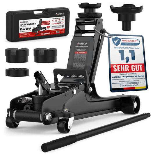 AUTORIA Jack 2.5T - Low-profile hydraulic trolley jack with case, 3X rubber pads & adapter - for cars & lowered vehicles - up to 2,500 kg lifting capacity