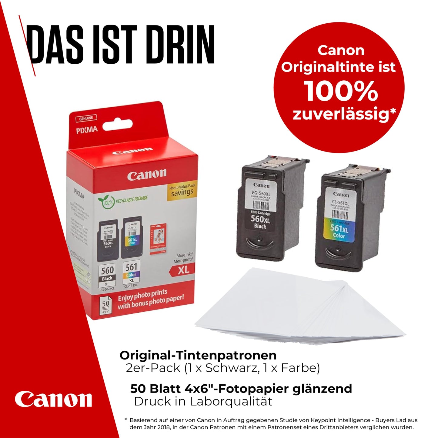 Canon Ink & Paper Multipack - PG-560XL/CL-561XL Original Printer Ink Cartridges 2-Pack (1 x Black XL, 1 x Color XL ink cartridges) & 4x6 Photo Paper (50 Sheets)