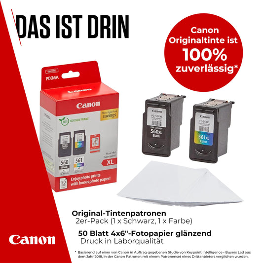 Canon Ink & Paper Multipack - PG-560XL/CL-561XL Original Printer Ink Cartridges 2-Pack (1 x Black XL, 1 x Color XL ink cartridges) & 4x6 Photo Paper (50 Sheets)