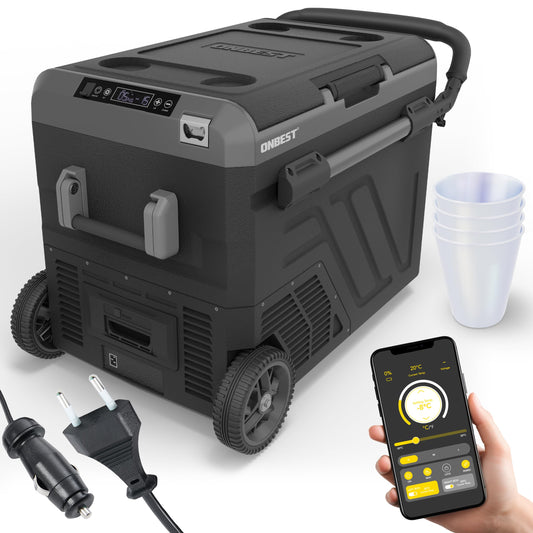 ONBEST Compressor Cooler Box 50L - Electric cooling and freezing box with telescopic handle - 12V/230V connection - Ideal for car, camping, and outdoor activities - Integrated accessories