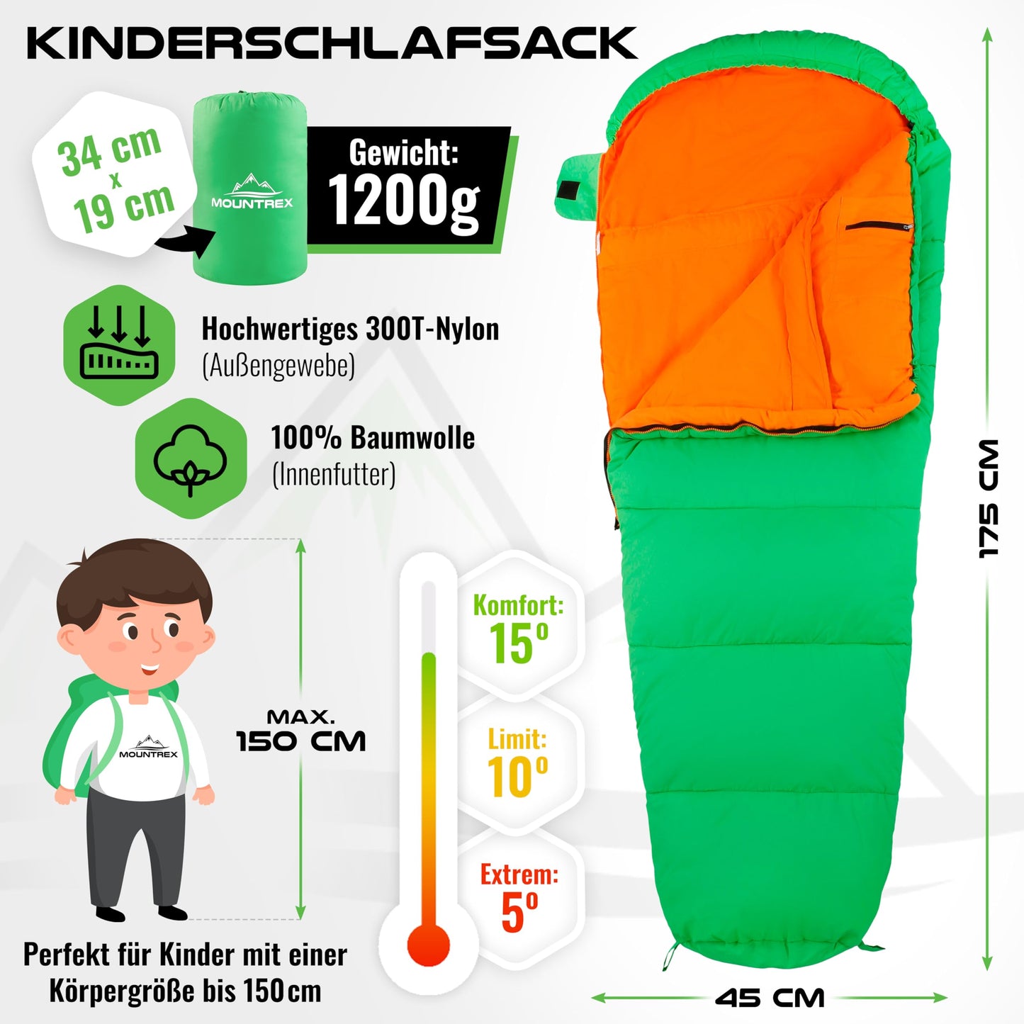 MOUNTREX Kids Sleeping Bag - Portable like a Backpack - Sleeping Bag for Children (175 x 70 x 45 cm) - Outdoor, Travel, Camping - Lightweight & Compact Mummy Sleeping Bag - 100% Cotton Interior.