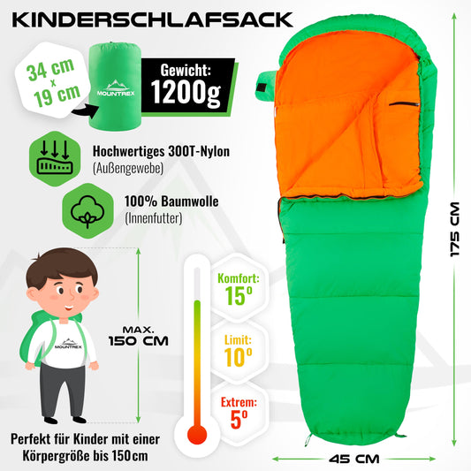 MOUNTREX Kids Sleeping Bag - Portable like a Backpack - Sleeping Bag for Children (175 x 70 x 45 cm) - Outdoor, Travel, Camping - Lightweight & Compact Mummy Sleeping Bag - 100% Cotton Interior.