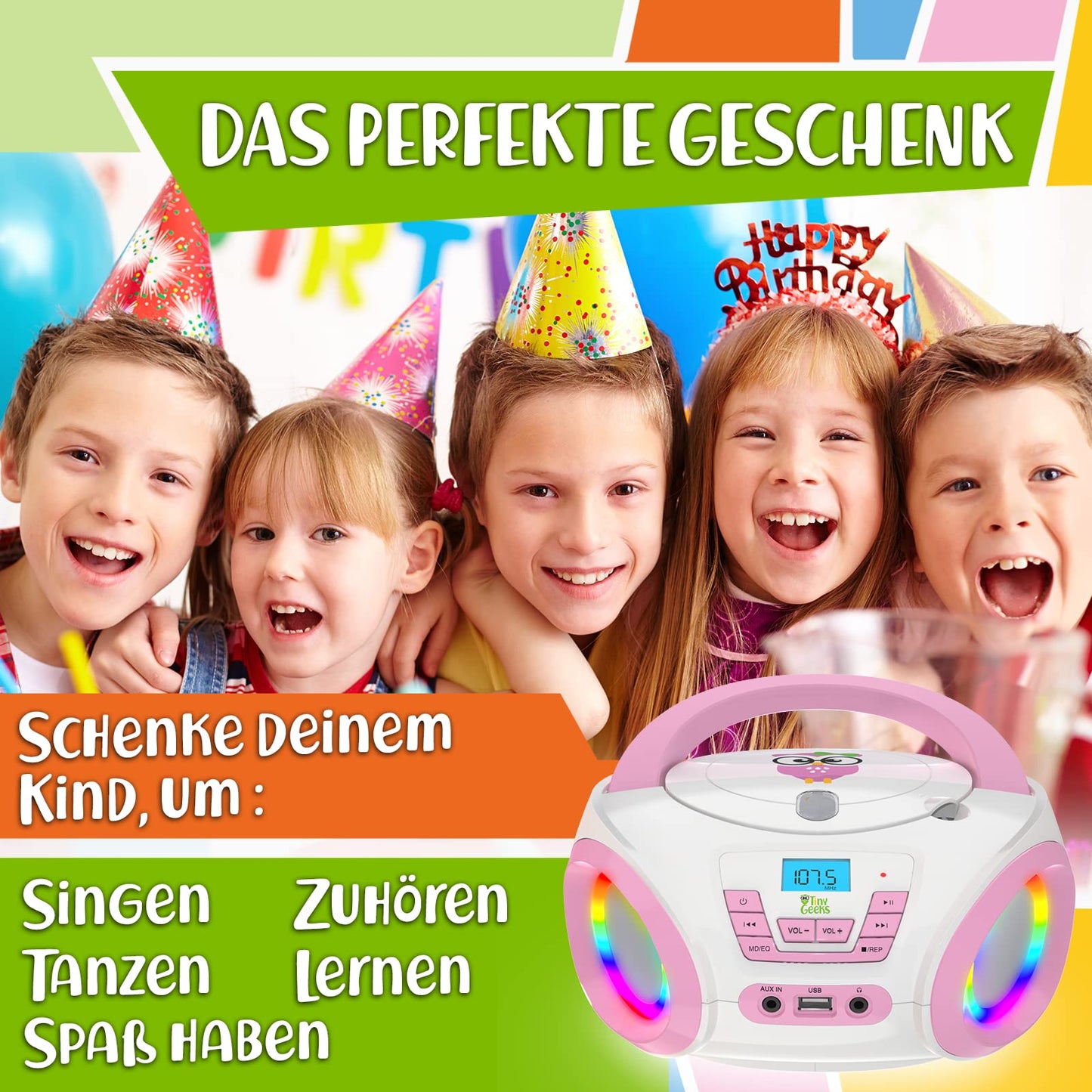 TinyGeeks Tunes Kids Boombox CD Player for Children NEW + FM Radio + Includes Batteries + Pink Radio - with Speakers Children and Toddlers - Pink