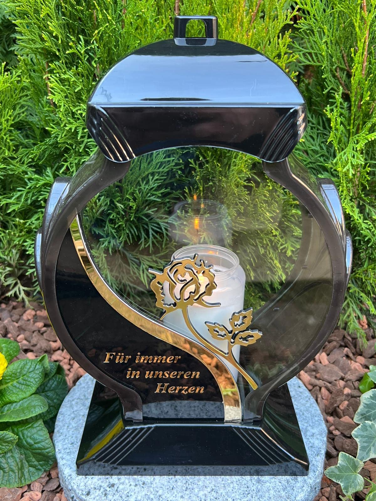 Grave lamp lantern with inscription "Forever in our hearts", 34 cm H - Grave lamp candle grave candle grave decoration including candle.