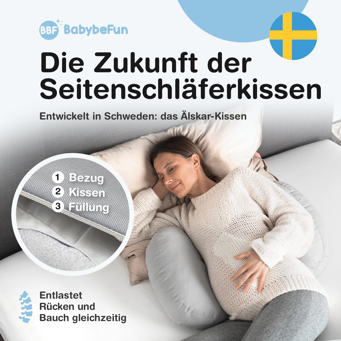 BabybeFun compact pregnancy pillow for sleeping against back pain [Extra comfort thanks to adjustable function] Pregnancy Pillow | Washable | Flexible filling | Light grey