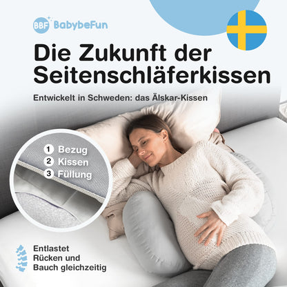 BabybeFun compact pregnancy pillow for sleeping against back pain [Extra comfort thanks to adjustable function] Pregnancy Pillow | Washable | Flexible filling | Light grey