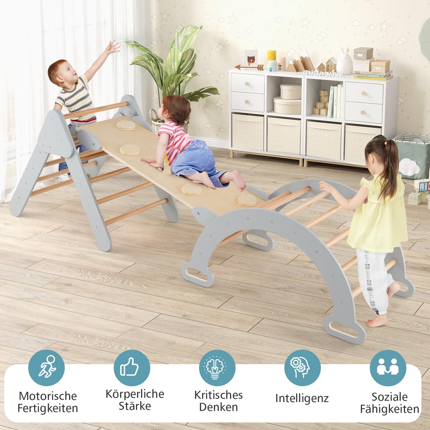 COSTWAY Climbing Triangle with Slide, Climbing Arch, including double-sided ramp, for climbing, sliding and rocking, 4 in 1 climbing frame indoor from 1 year old (Gray)