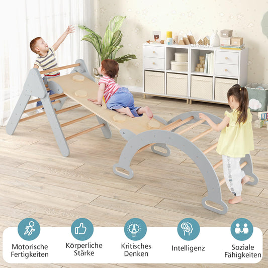 COSTWAY Climbing Triangle with Slide, Climbing Arch, including double-sided ramp, for climbing, sliding and rocking, 4 in 1 climbing frame indoor from 1 year old (Gray)