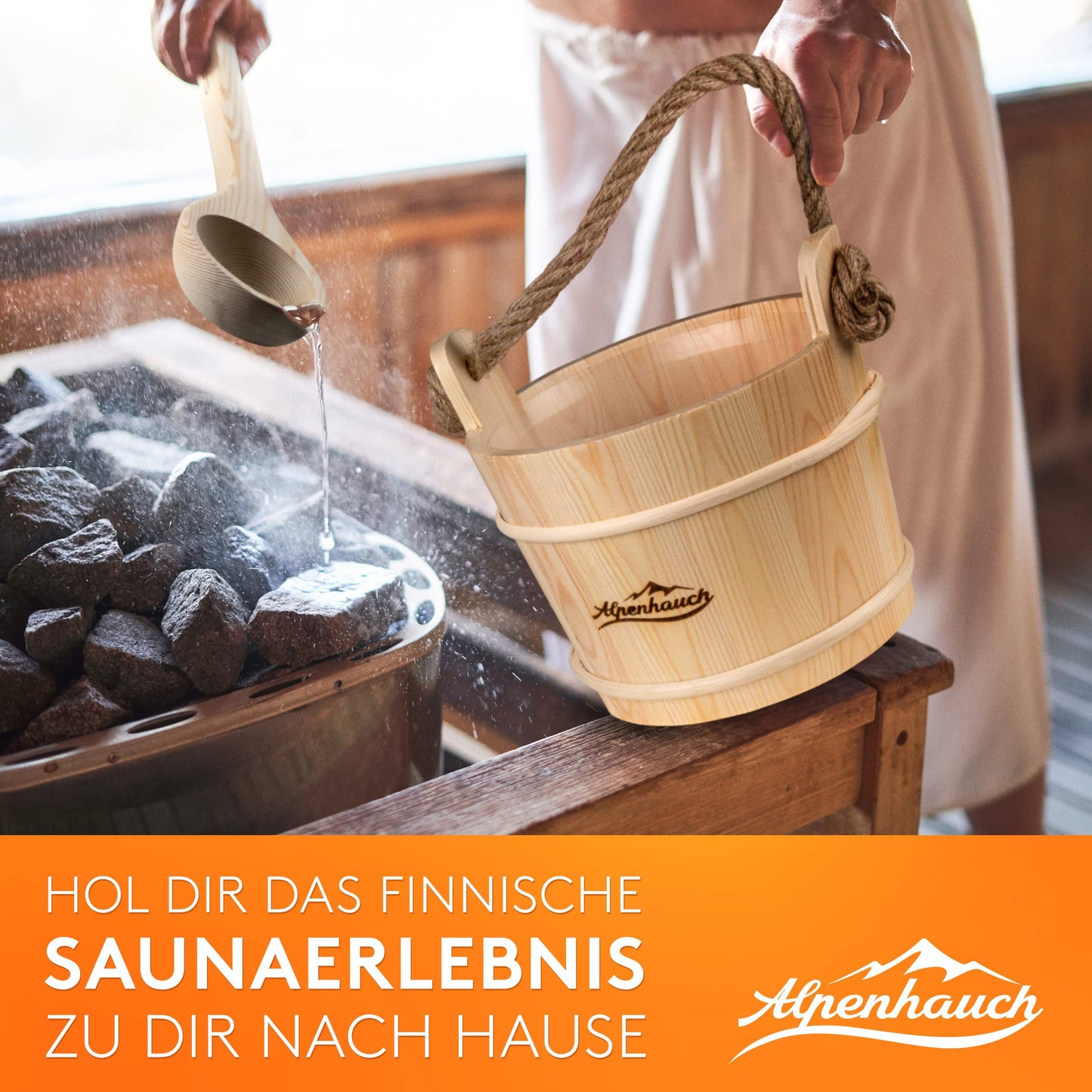 ALPENHAUCH sauna bucket with ladle [100% natural wood] - Elegant sauna bucket with ladle - Durable sauna accessory - infusion bucket set