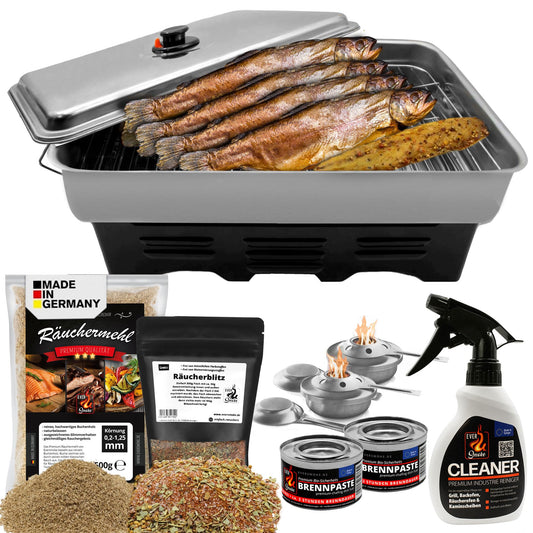 Eversmoke Deluxe Stainless Steel Tabletop Smoker XL Set with fuel paste | Smoker with smoking chips, smoking spices, burner - rustproof