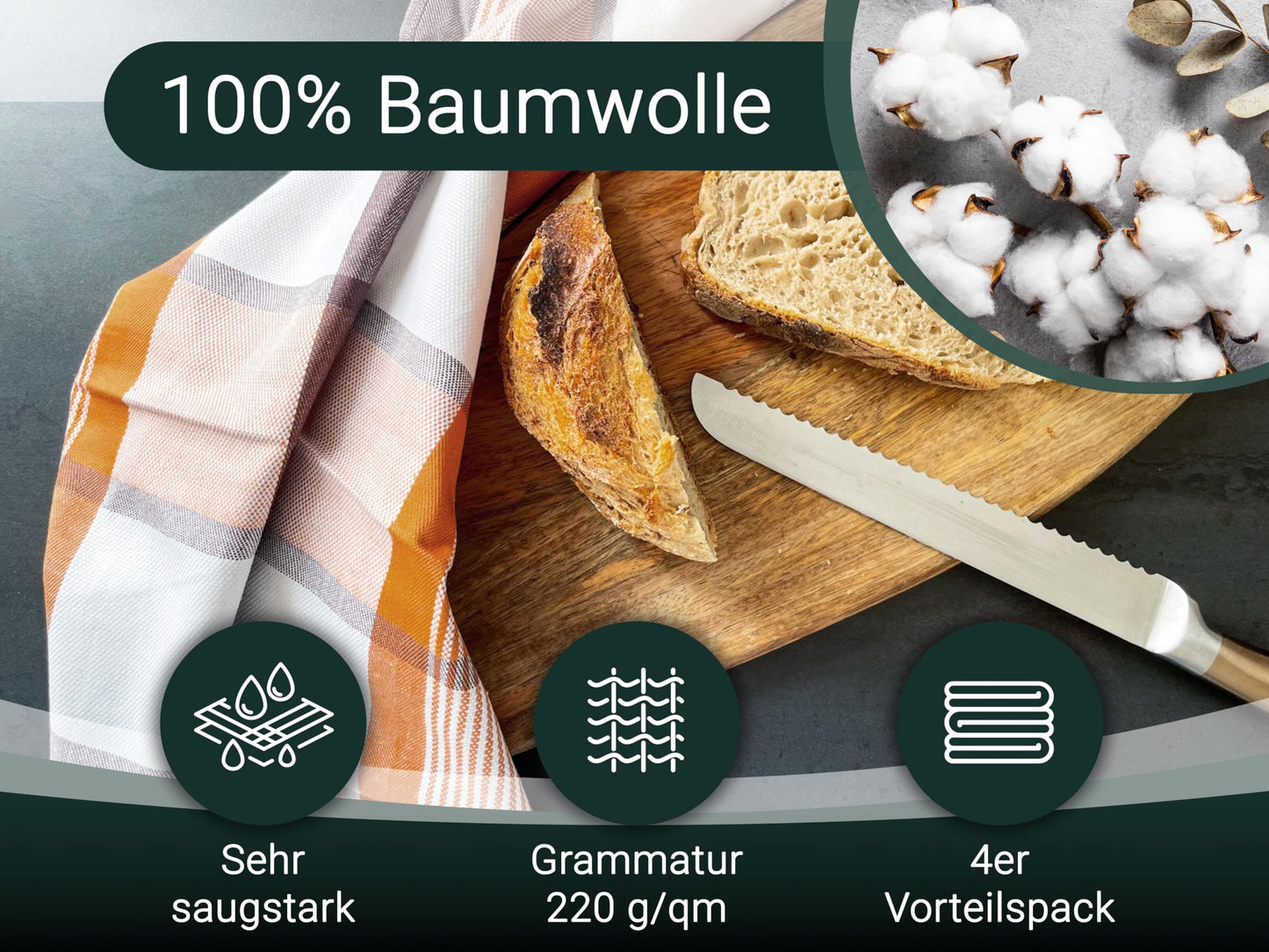 ZOLLNER 4-piece set of cotton kitchen towels in 50x70 cm - absorbent and durable - machine washable up to 60°C - brown checkered design - gastronomy quality - Oeko Tex® certified.