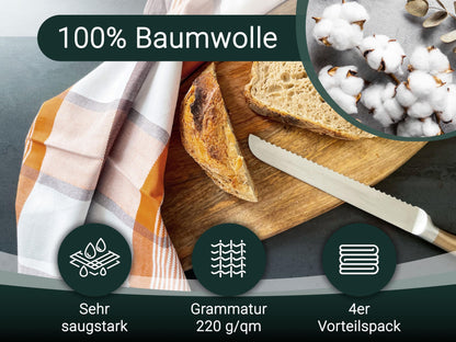 ZOLLNER 4-piece set of cotton kitchen towels in 50x70 cm - absorbent and durable - machine washable up to 60°C - brown checkered design - gastronomy quality - Oeko Tex® certified.