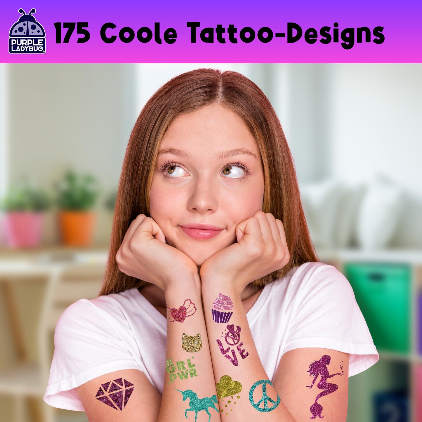 Purple Ladybug Glitter Tattoo Set for Kids - Gifts for Girls - Temporary Tattoos for Children - Gift for Girls Age 6-12 - Child-Friendly Tattoos - Gifts for Kids 8-10 years old