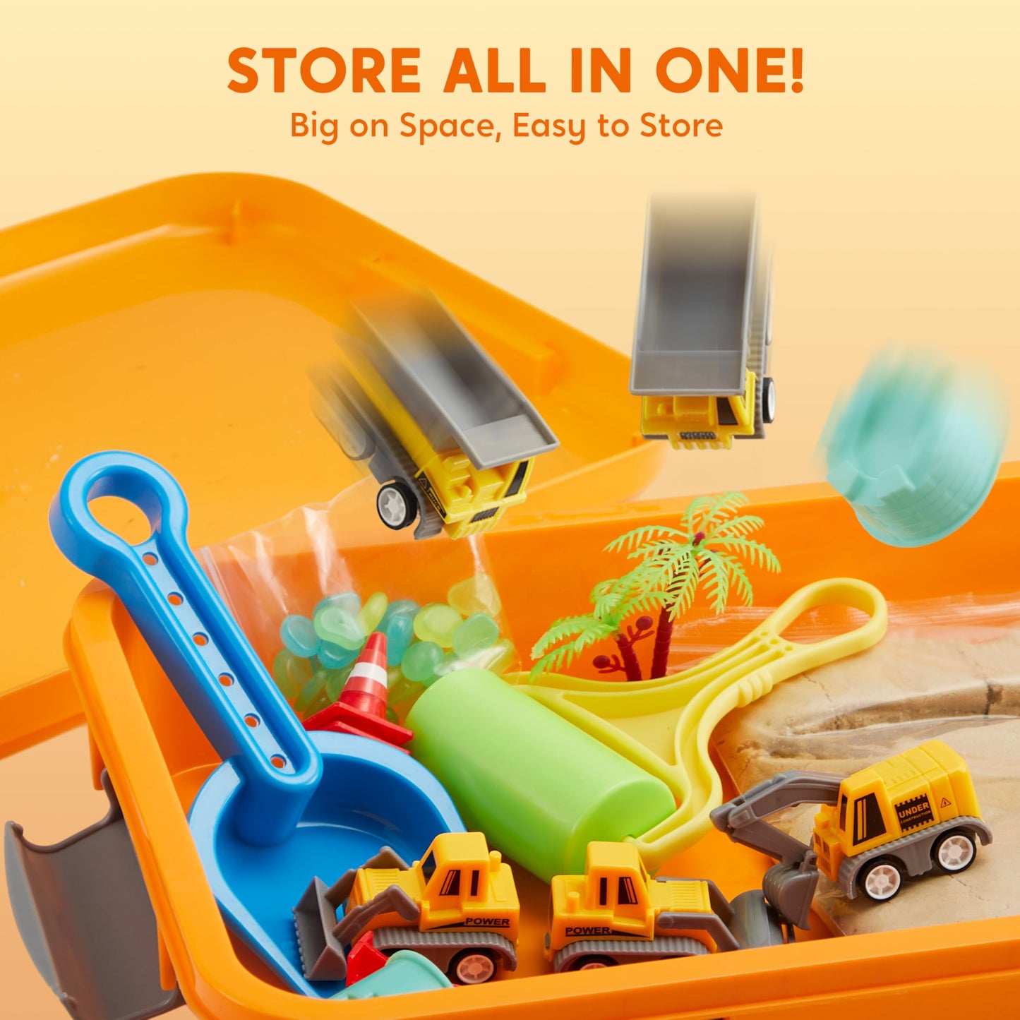 Clever Kits Magic Sand Set, play sand construction site for kids, suitcase with 18 accessories, glowing stones, magic sand toys for boys ages 3-9.
